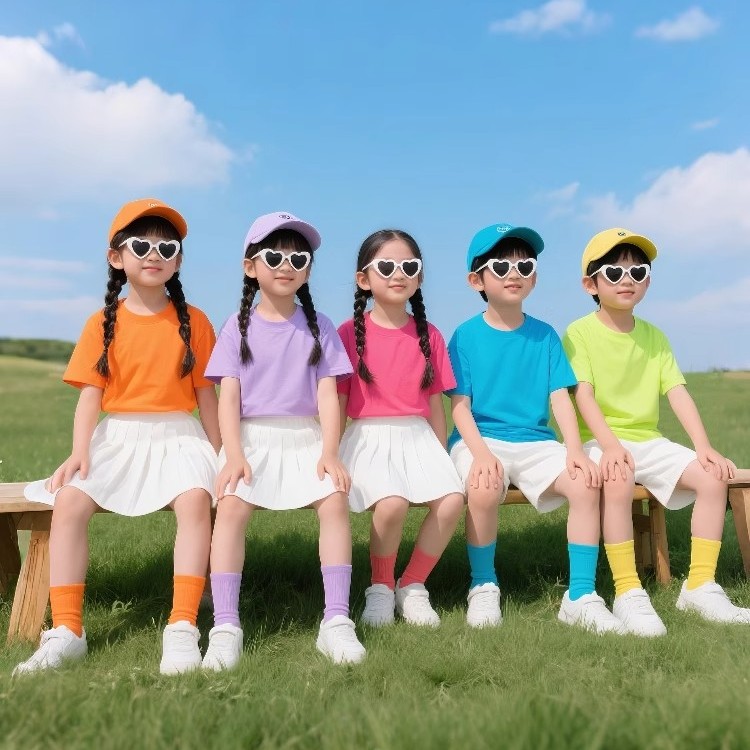 糖果色儿童纯棉短袖t恤套装幼儿园彩色小学生六一演出服运动会