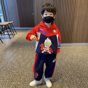 洋气宝宝儿童加绒卫衣两件套连帽潮 2024新款 奥特曼男童秋冬装 套装