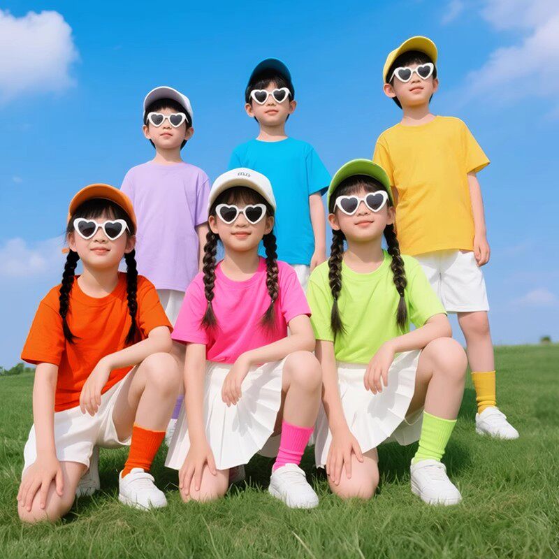 纯棉短袖t恤套装男女儿童糖果色