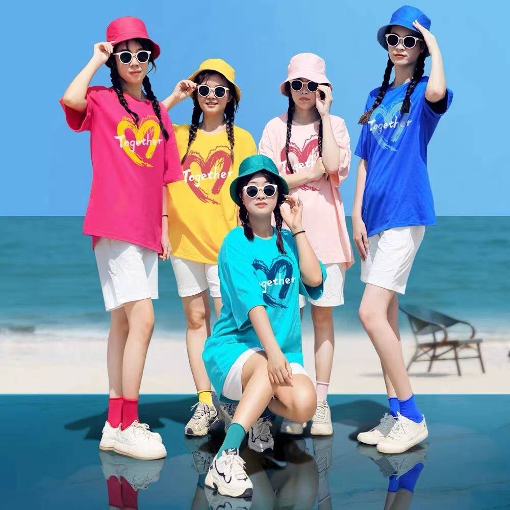 多巴胺糖果彩色2024夏季T恤宽松短袖裤子套装表演体套装班服