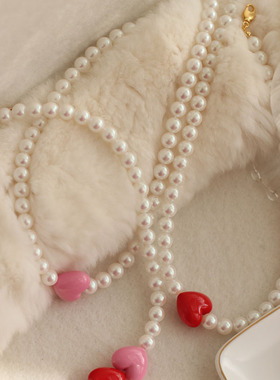 东大门粉色爱心博主热锁骨项链