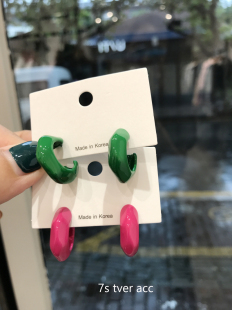 玫红切面C型耳环 tver Bv绿 韩国进口 烤漆耳坠 jewelry