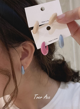 tver jewelry韩国产 烤漆时髦彩色耳坠 月儿c型玫红蓝色裸色耳钉