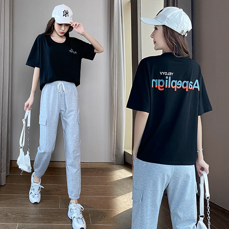 纯棉短袖休闲运动服套装女夏薄款网红时尚学生韩版宽松跑步两件套