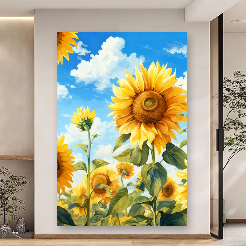 向日葵客厅沙发背景墙油画高级肌理感装饰画玄关走廊自粘墙贴壁画