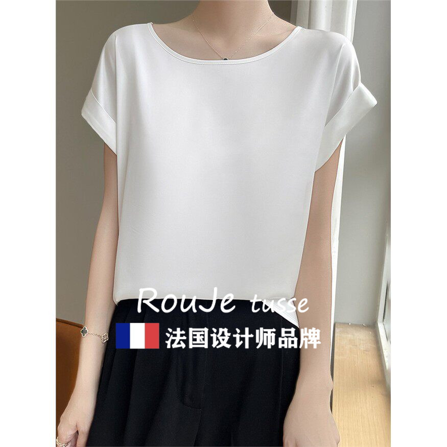 Rouje tusse新款纯色短袖时尚T恤女真丝圆领宽松纯色百搭打底上衣