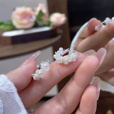 田园风白色贝壳花朵珠珠耳环