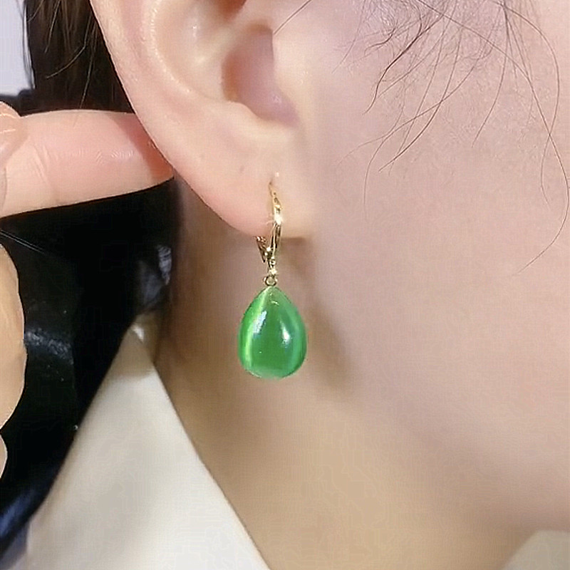 绿色水滴双面猫眼石耳环女猫眼石