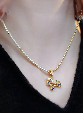 彩色锆石小马串珍珠项链女轻奢