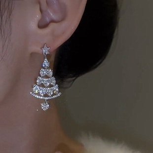 轻奢时尚耳环高级感满钻圣诞树耳饰晚会精致圣诞节礼物银针耳坠女