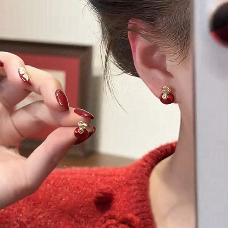 2026新年红钱币福袋s925银针耳钉精致喜庆锆石耳饰小众精致耳环女