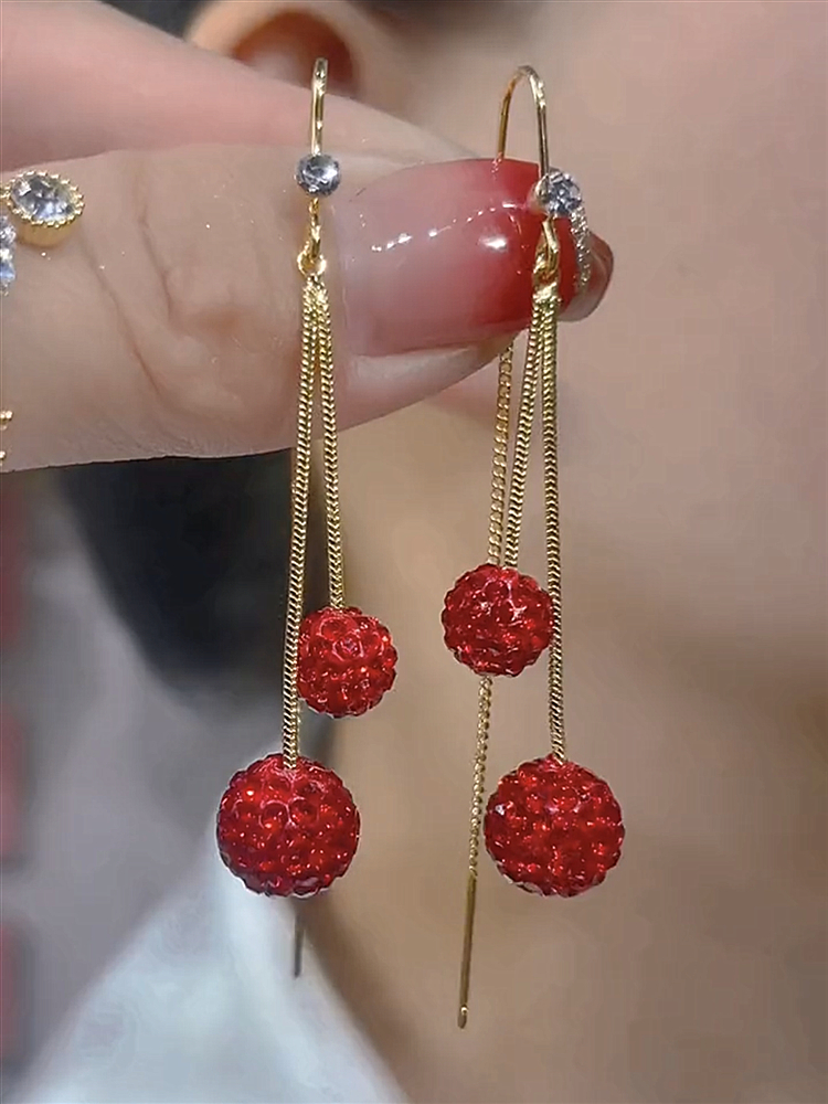 新款潮红色小球球耳线精美满钻高级耳饰长款简约时尚小众设计耳环