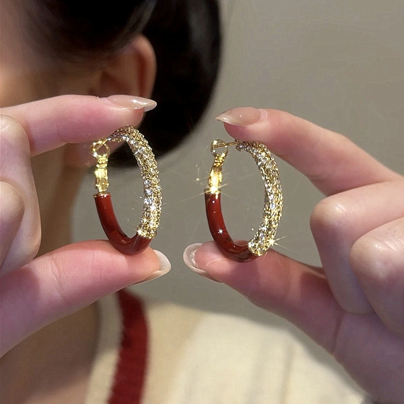 安可拉红银针耳钉拼色镶钻耳圈