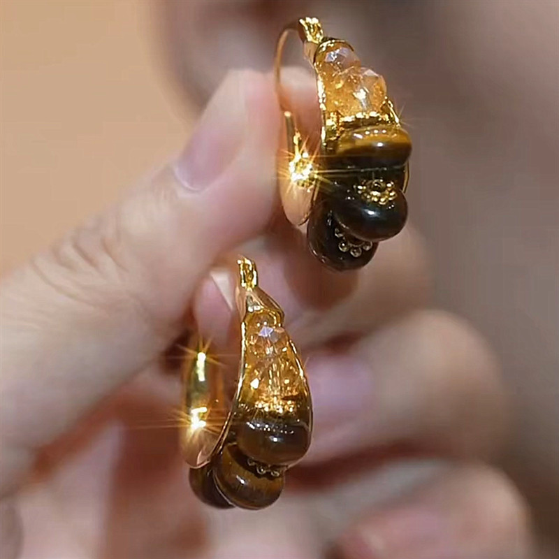 复古虎眼石串圆珠大耳环