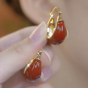 复古红色耳圈金属设计耳环女法式轻奢高级感小众耳扣设计秋冬耳饰