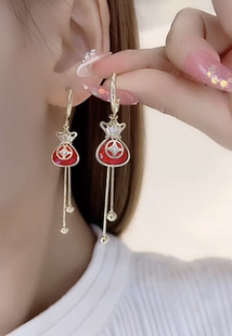 高级设计感福袋发财耳环气质网红长款钱袋流苏耳饰红色过年耳坠女