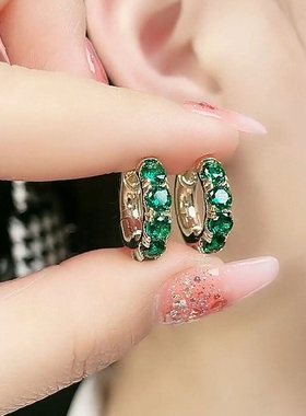 气质祖母绿耳环设计感高级绿色圈耳扣2023年新款潮轻奢锆石耳饰女