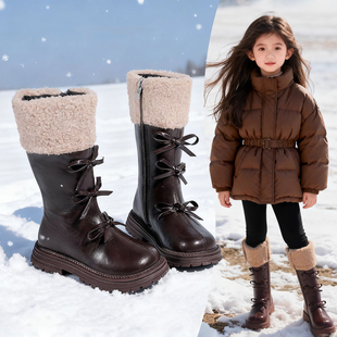 女童靴子加绒高筒靴秋冬美拉德风公主皮靴小女孩马丁长筒雪地棉靴