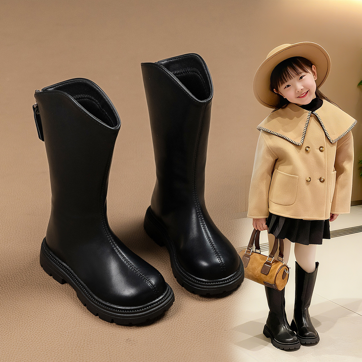 女童长筒靴英伦风高筒靴秋冬加绒