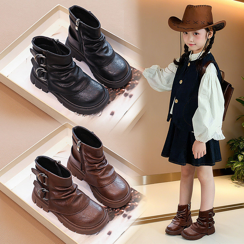 儿童靴子时尚堆堆鞋2025新款秋冬加绒皮靴英伦风男女童骑士马丁靴