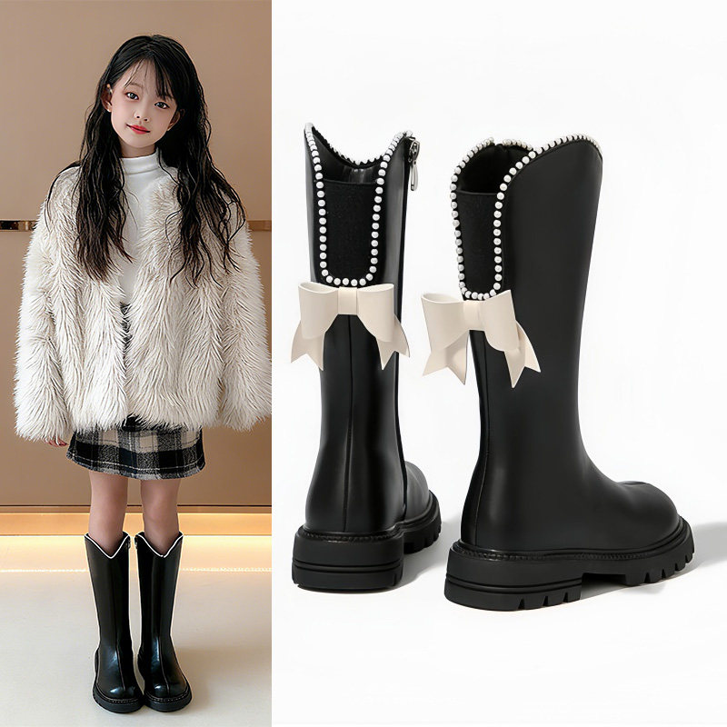 女童靴子时尚高筒靴秋冬新款中长筒皮靴小公主软底宝宝加绒马丁靴