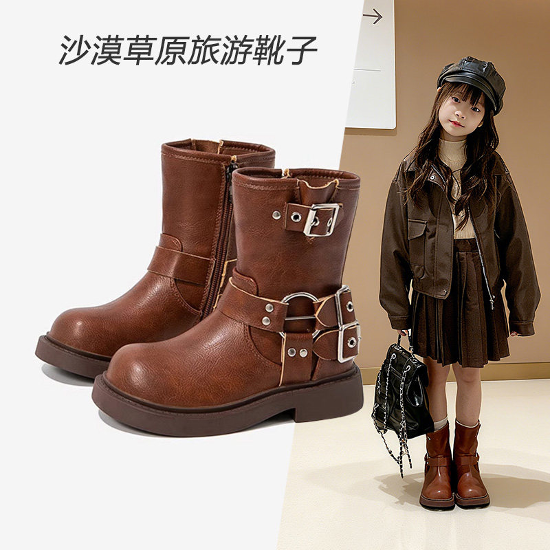 女童靴子时尚牛仔皮靴秋冬潮款男儿童西部骑士靴高帮中筒马丁单靴