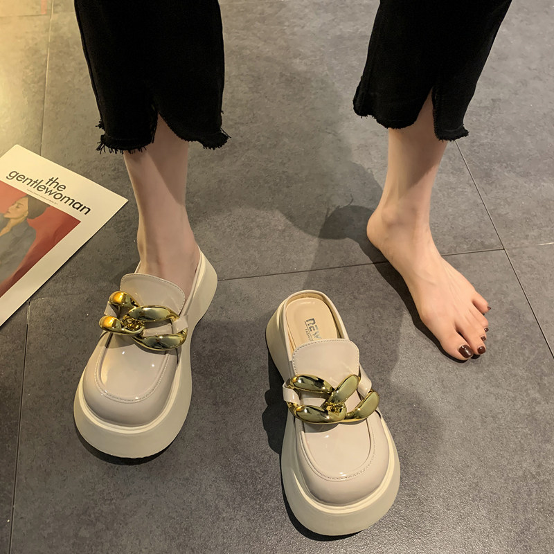 潮牌2024夏季新款女鞋包头半拖鞋女ins潮链条亮皮厚底松糕凉拖鞋