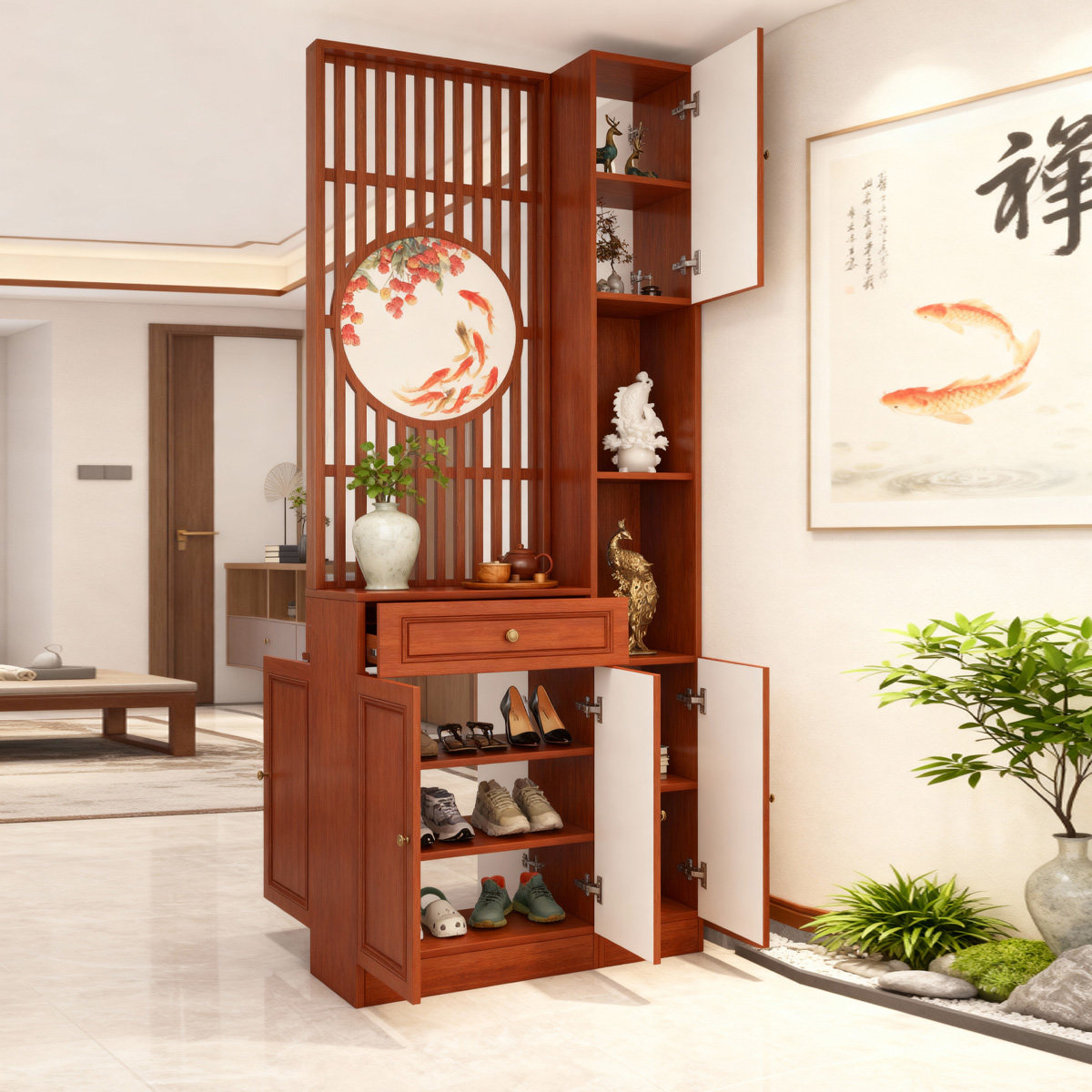 客厅双面隔断装饰门厅进门入户新中式现代简约屏风玄关柜鞋柜一体