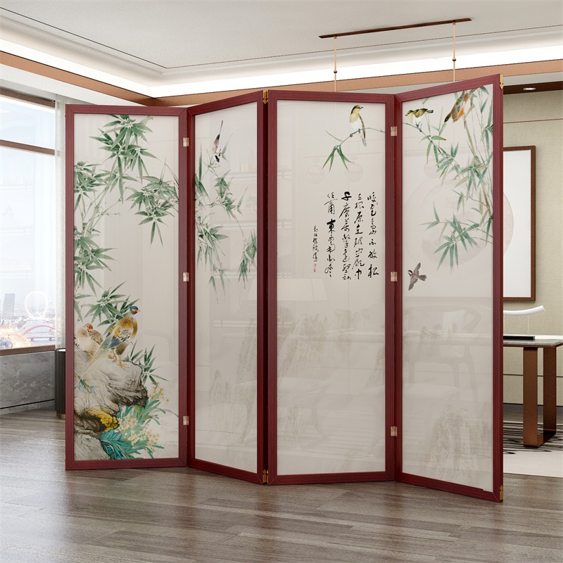 屏风实木隔断折叠移动遮挡入户玄关客厅双面新中式办公室国画竹子