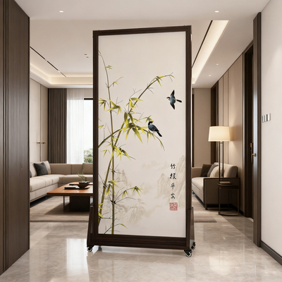 带万向轮】2026新款新中式高端实木折叠屏风隔断可移动办公室遮挡