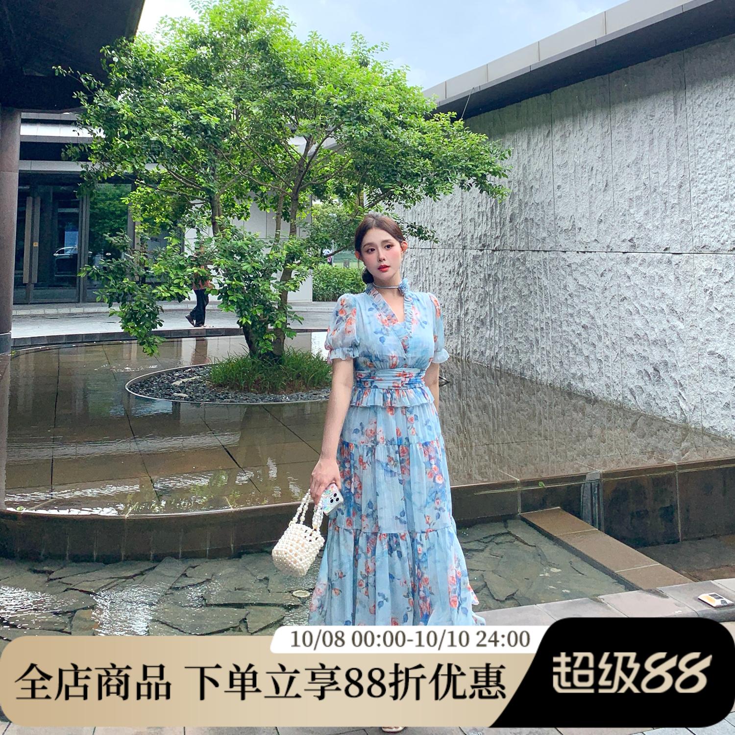 MB大码女装宫廷风碎花V领连衣裙