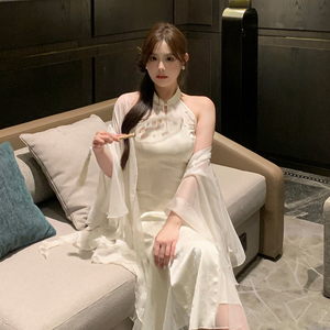 MB大码女装【亭亭清瑶】温婉新中式盘扣蕾丝网纱无袖旗袍+防晒衫