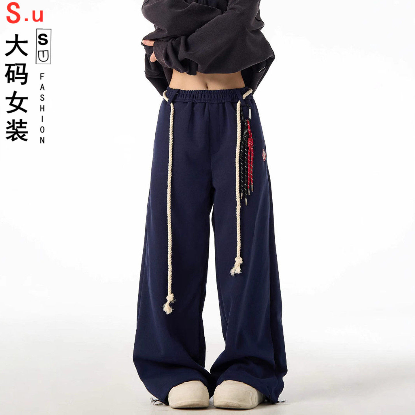 大码高街黑色时尚卫裤男女小众宽松休闲直筒街舞裤挂绳休闲裤潮