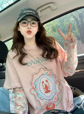网纱拼接假两件纯棉短袖t恤女2026夏季潮牌宽松设计感印花上衣ins