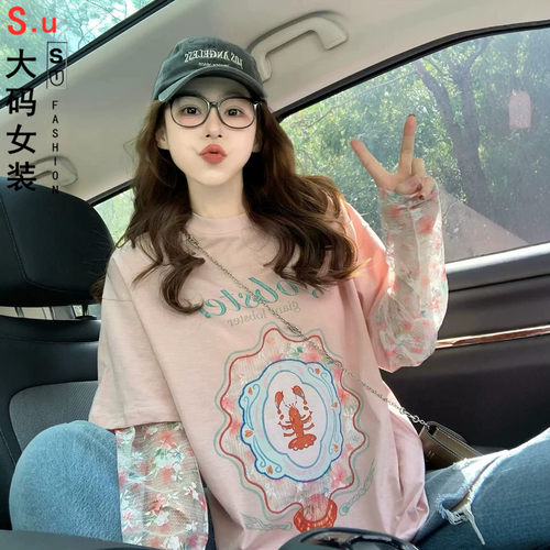 网纱拼接假两件纯棉短袖t恤女2026夏季潮牌宽松设计感印花上衣ins