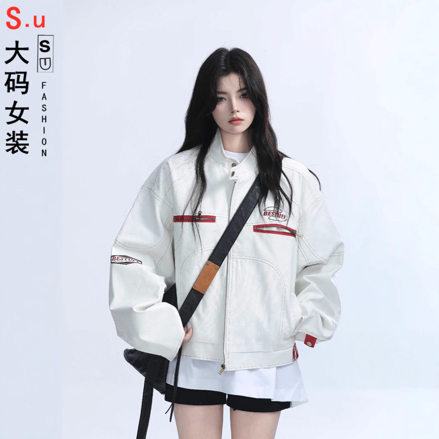 大码美式高街PU皮衣机车服女秋季新款小众辣妹宽松潮牌夹克外套