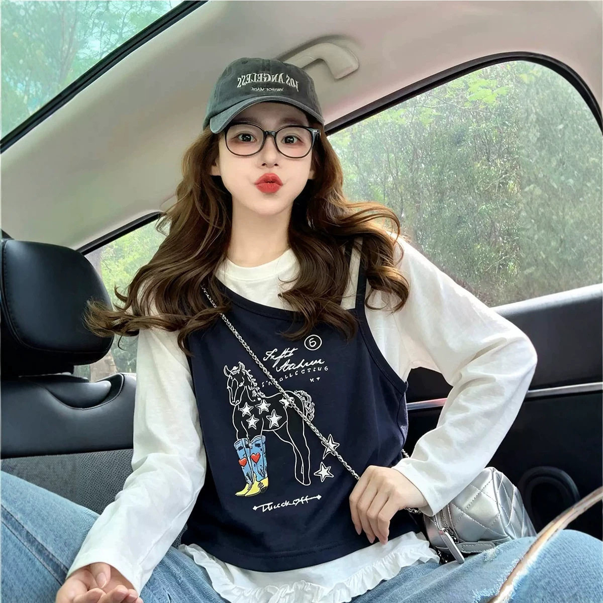 大码女装撞色两件套长袖t恤女2026新款秋季花边拼接设计感打底衫