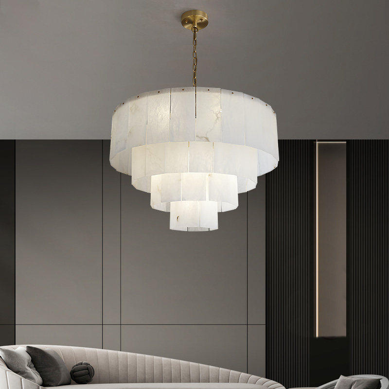 复古中古风日式轻奢简约大气复式别墅卧室客餐厅全铜天然云石吊灯