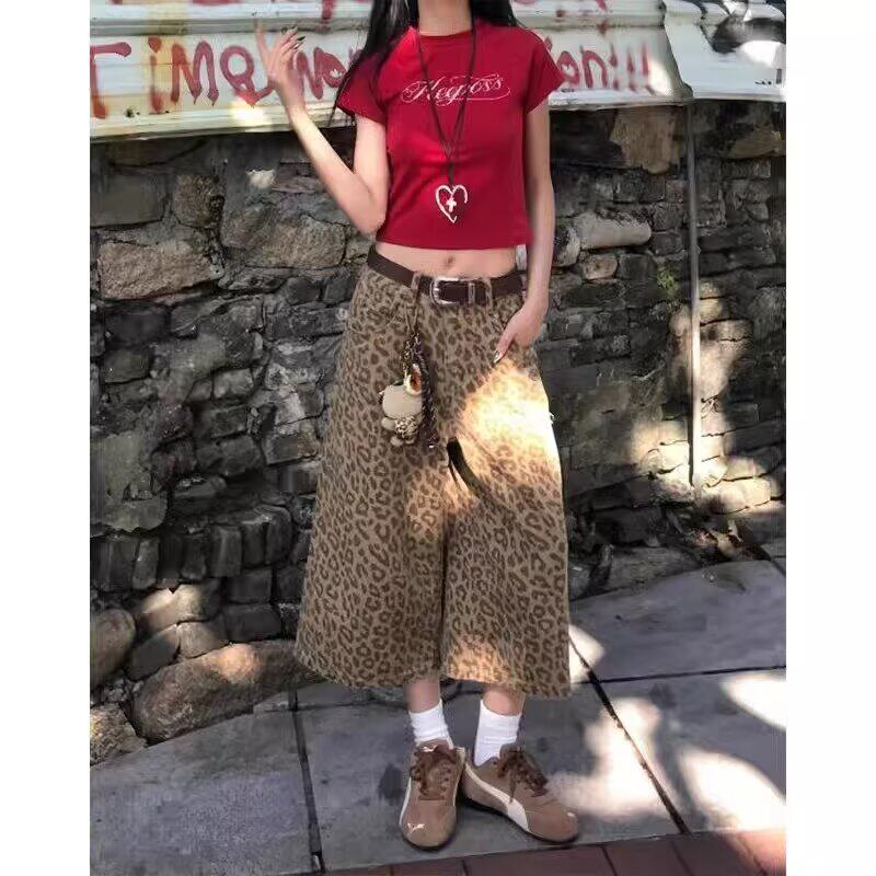 2025夏季新款豹纹七分牛仔裤女辣妹设计感小众高腰时尚百搭直筒裤