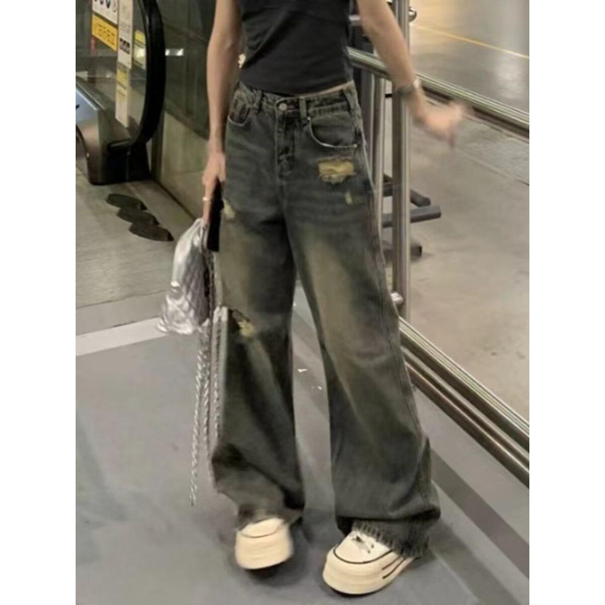 美式街头水洗做旧破洞牛仔裤女春秋直筒宽松欧美高街vibe风长裤子