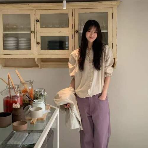米色限量~韩国正品viaplain  1031801 棉100%   荷叶边衬衫