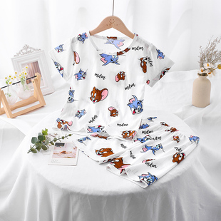 家居服套装 夏天儿童睡衣短袖 纯棉男童女中大童宝宝空调服卡通薄款