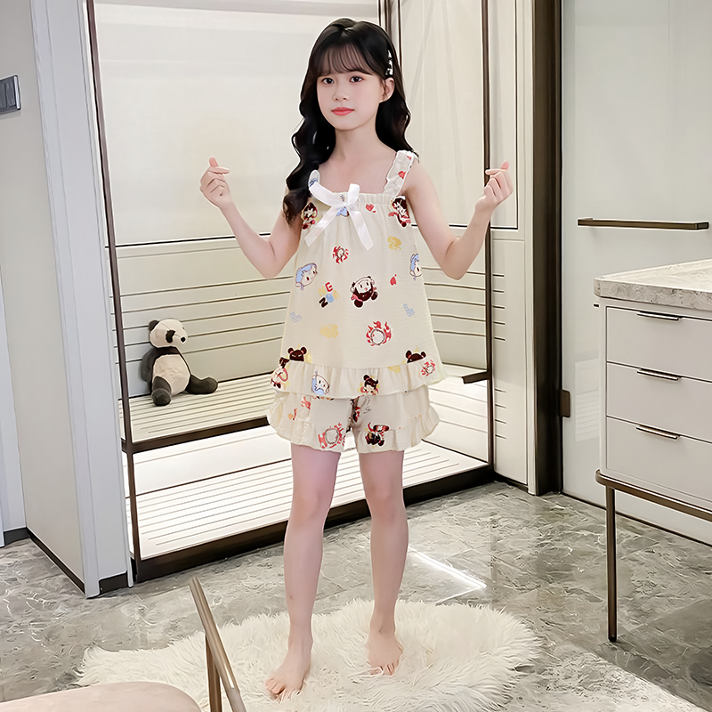 纯棉儿童睡衣吊带套装可爱夏季女款无袖中长款套装卡通家居服夏天