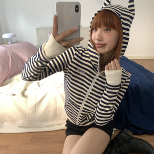 百搭辣妹显瘦上衣外套 FGOB甜酷条纹修身 卫衣小恶魔开衫 中短款 帽衫