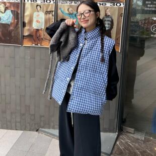 FGOB新款韩式显白小香风春立领蓝格纹背心无袖百搭上衣棉服马甲