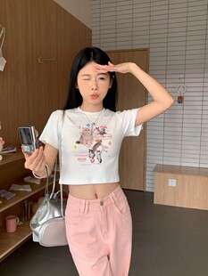 【特价不退不换】FGOB 设计感紧身短袖可爱猫猫辣妹修身正肩T恤女