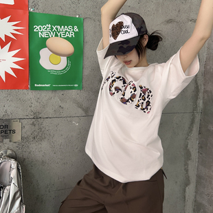 FGOB春夏多色可爱卡通猫猫咪贴布绣格子短袖休闲宽松百搭简约T恤