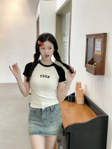 插肩薄款女美式复古短袖可爱