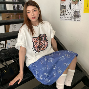 FGOB春夏韩系可爱卡通黑皮豹纹猫猫咪头印花短袖宽松显瘦百搭上衣