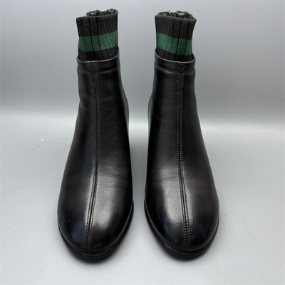 真皮圆头粗跟短靴女后拉链时装靴